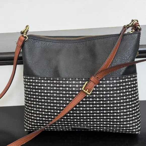 Fossil genuine leather waxed canvas crossbody shoulder handbag purse neutral - Picture 6 of 14